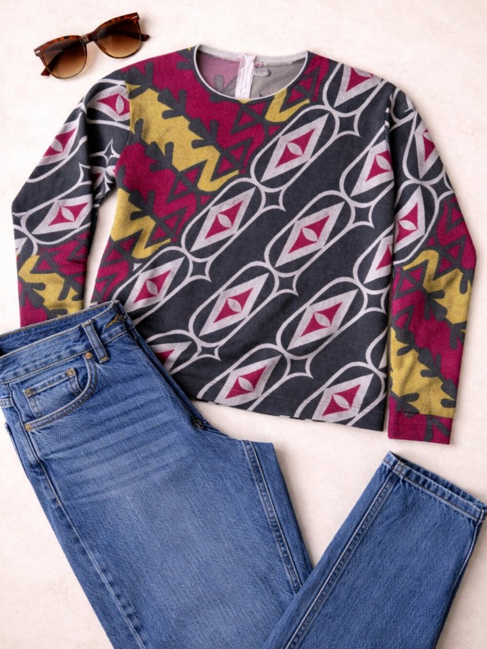 Vintage Helen Sue 70s Mod Geometric Top Pink Yellow Gray Hong Kong Women's